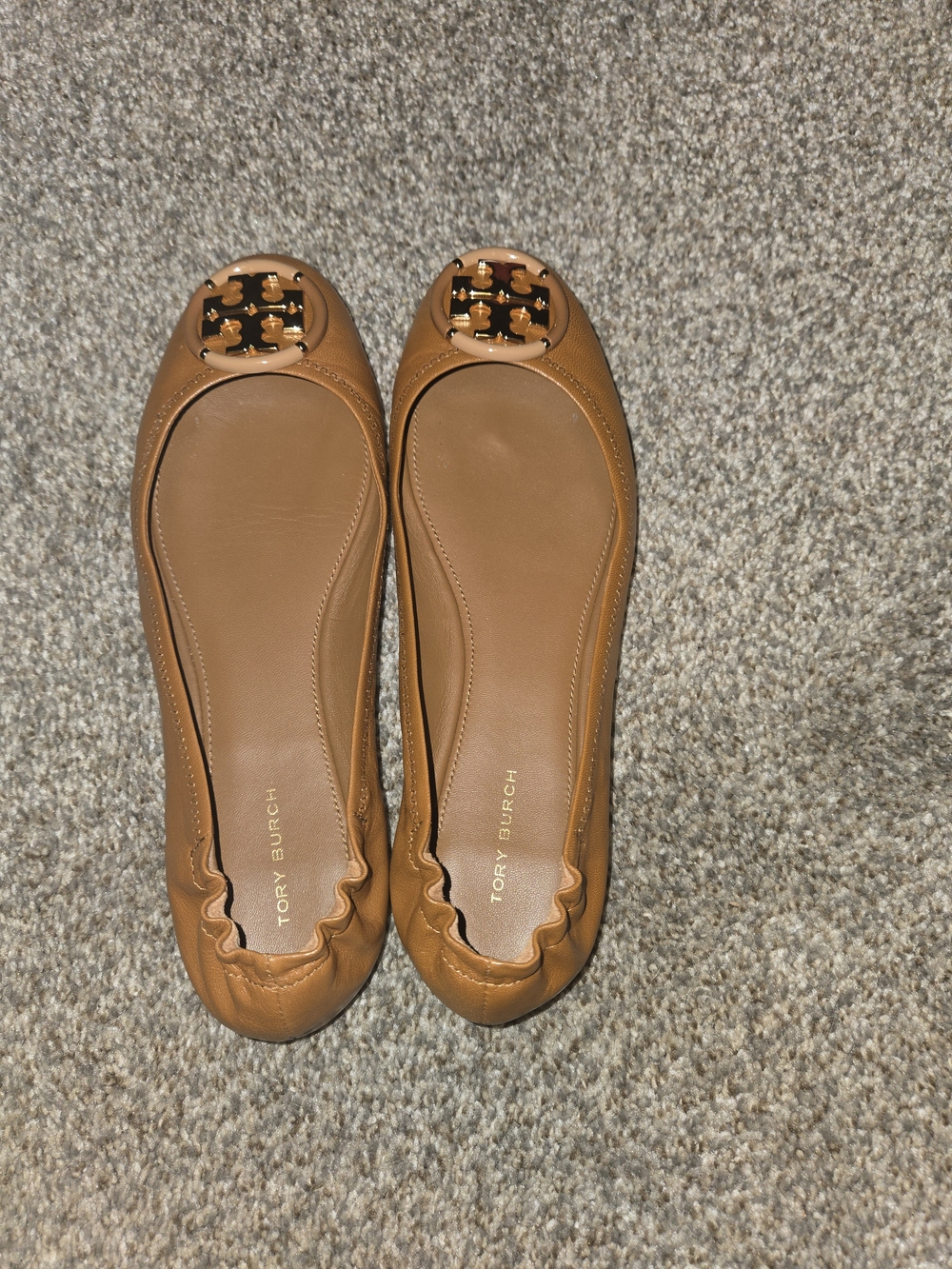 Tory Burch Camel Leather Logo Ballet Flats
